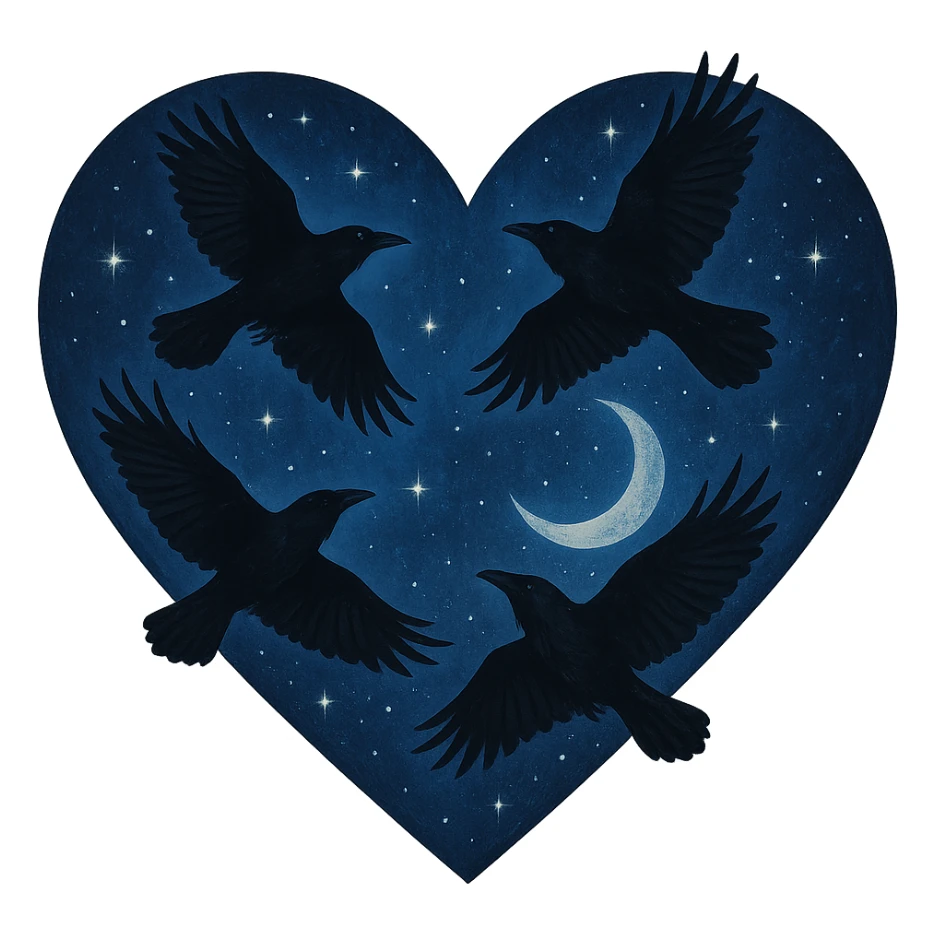  heart with blue night sky and dark ravens, remove background sticker