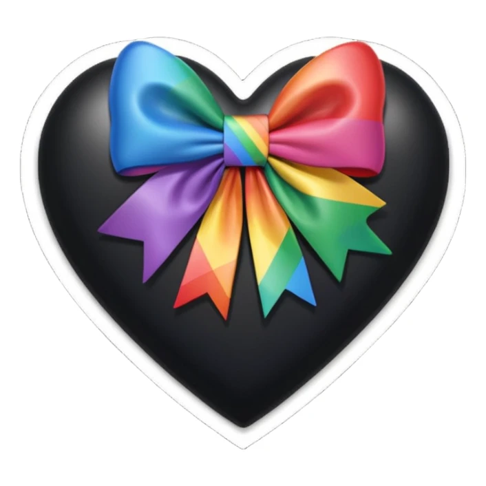 glossy patchwork black heart with a rainbow bow and heart pattern on the bow sticker