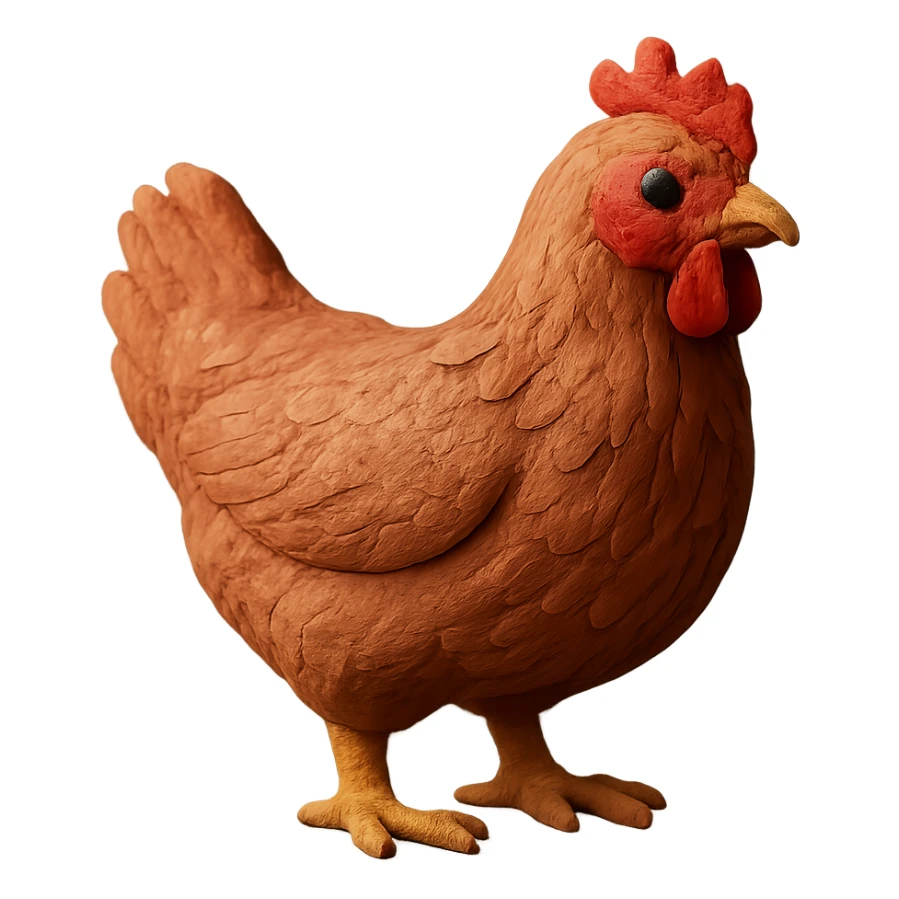 hen with realistic feather texture standing pose in claymation style sticker