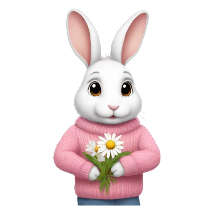 Rabbit is holding daisy and wearing pink sweater sticker