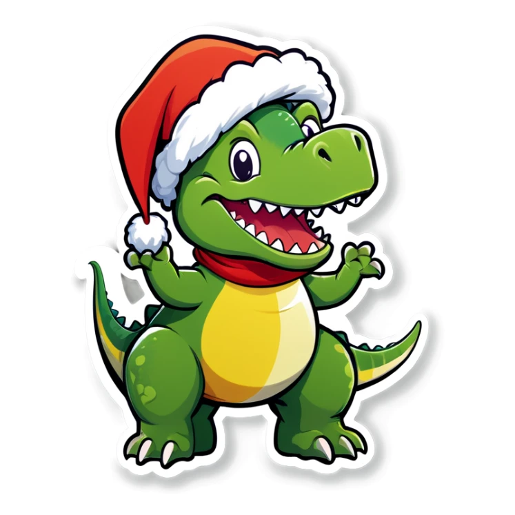 Happy green Dino wearing a Santa hat sticker