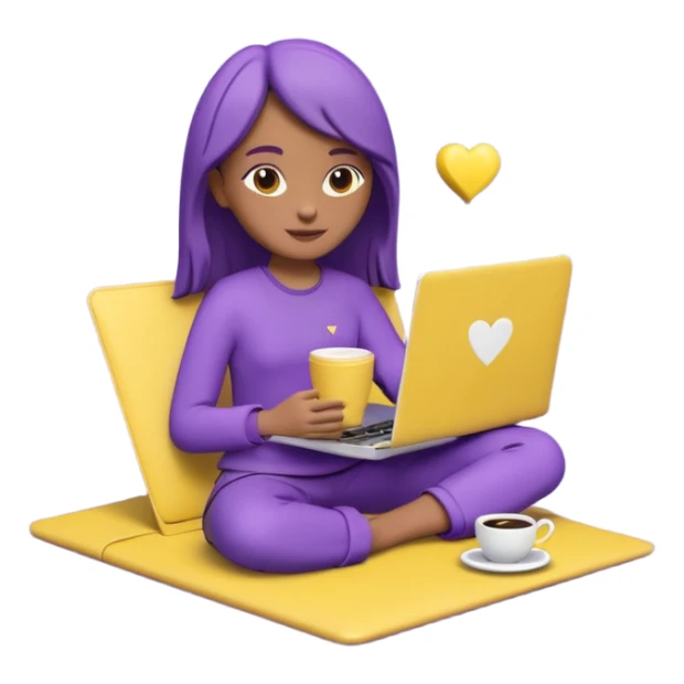 3D clay character relaxed with laptop and coffee, floating icons (envelope, heart, dollar), purple (#8B5CF6) outfit, bright yellow (#FBBF24) icons, white laptop, Pixar style, transparent background sticker