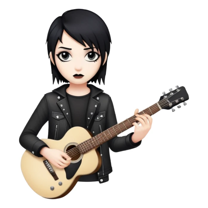 emo rockstar with black hair, dramatic makeup, holding a guitar sticker