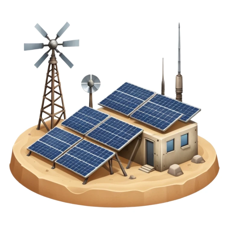 Desert outpost with solar panels and antennas sticker