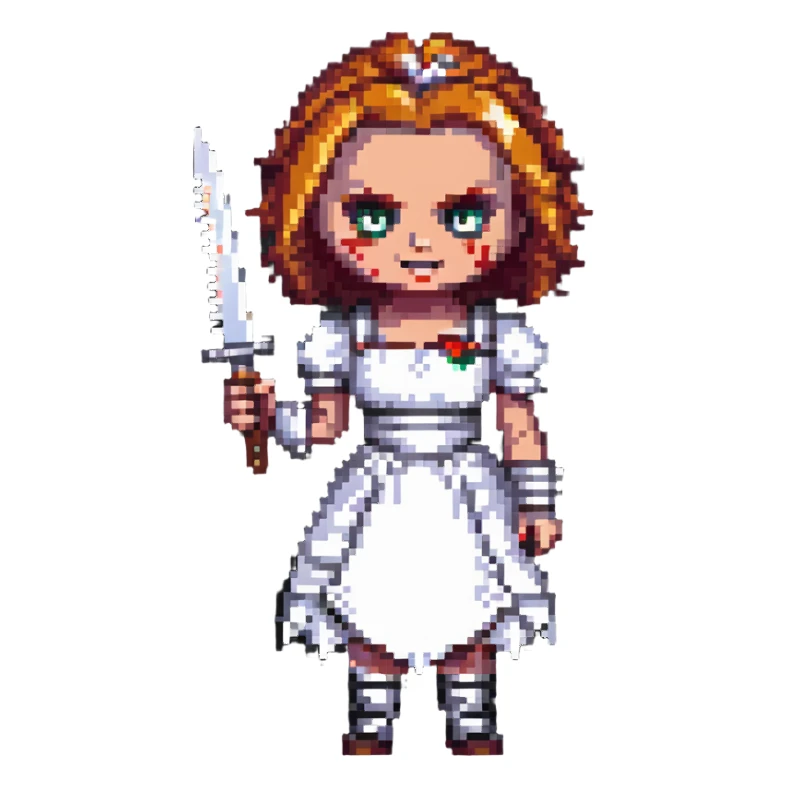 Chucky's bride with a mischievous expression holding a knife in pixel art style sticker