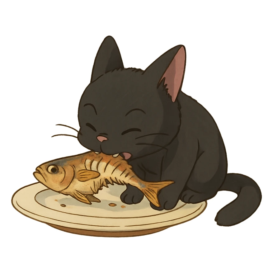 ghibli style gato a comer peixe sticker
