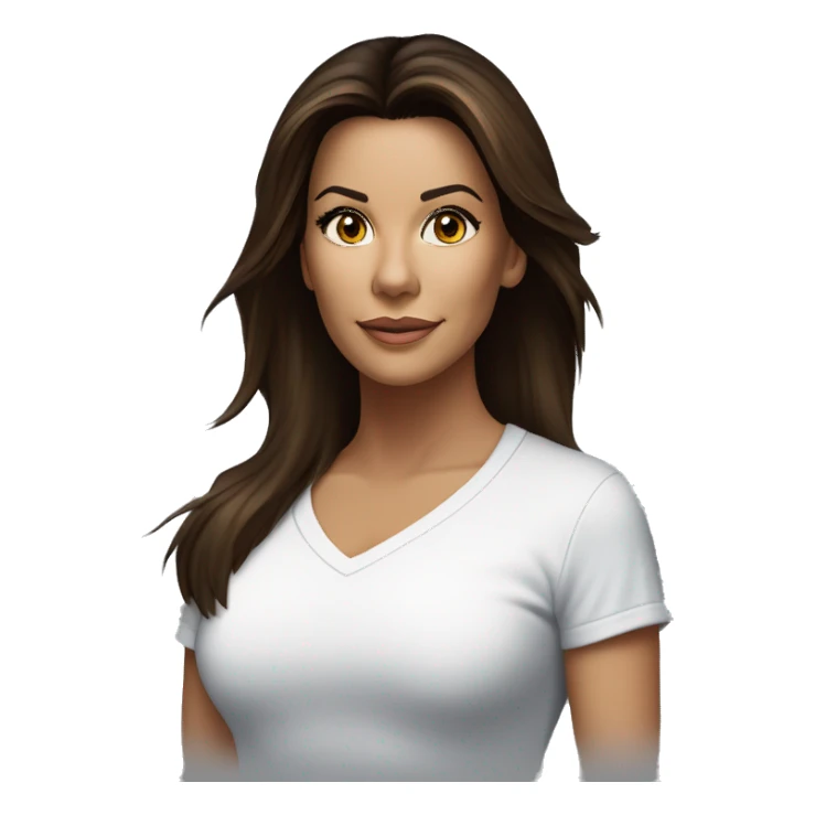 3/4 face, contrasted, shadow, light, Eva Longoria expression, standing from a distance, thin nose, brunette woman, hazel eyes, long eyelashes, dark shoulder shaded hair, white t-shirt, jeans, white sneakers sticker