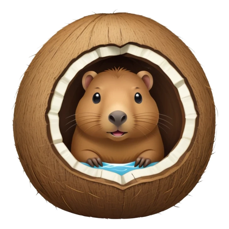 Small capybara inside a hollowed coconut, using it as a cozy home sticker