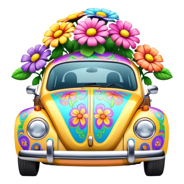 3D, psychedelic colored VW beetle with hippie style flowers sticker