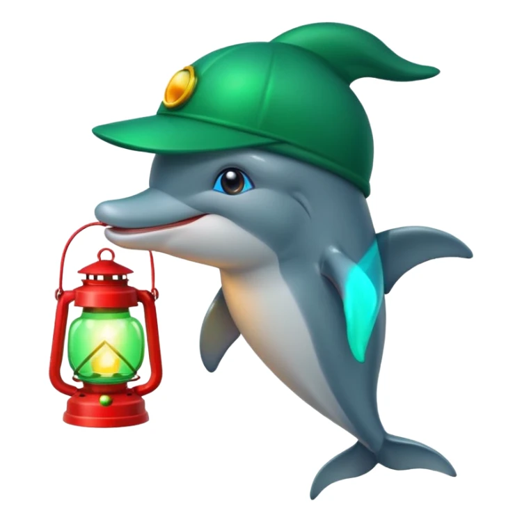 dolphin wearing green hat and a lantern with red light sticker