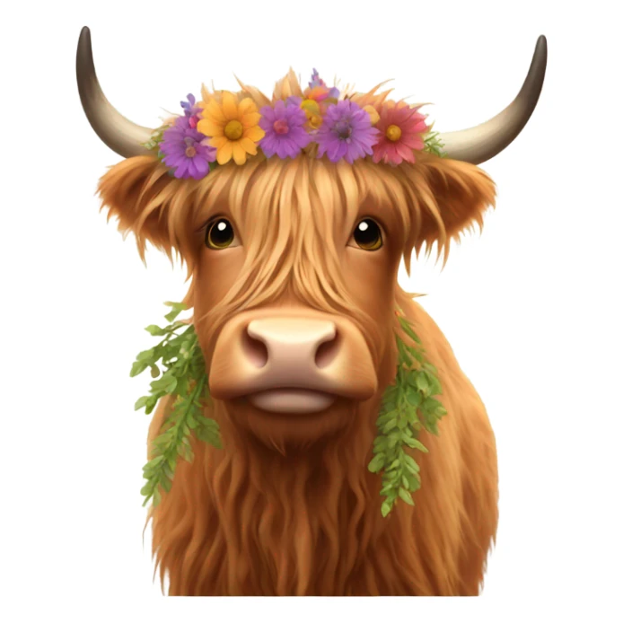 Highland cow with a flower wreath sticker