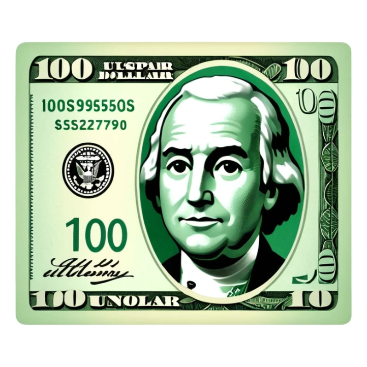 3D realistic US 100 dollar bill sticker, slight perspective, centered, clean cutout, transparent background, no text, no watermark sticker