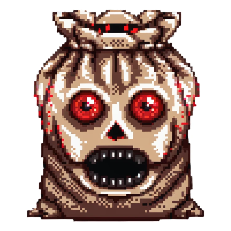 terrifying burlap sack face with glowing red eyes sticker