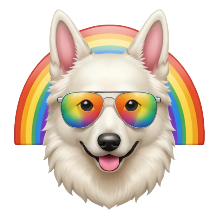 White belgian Shepard with a sunglas on a rainbow sticker