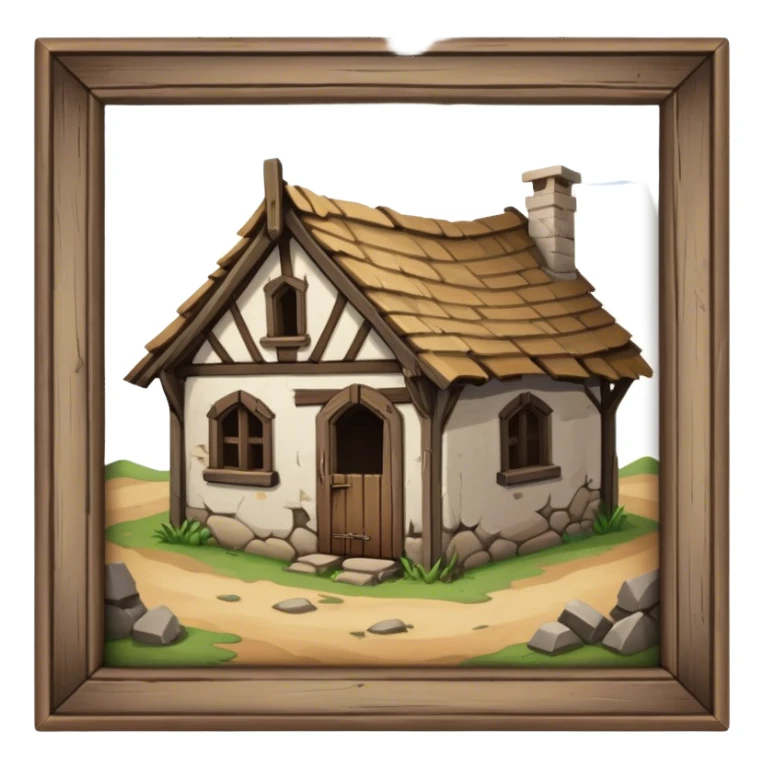 a dilapidated one-story medieval shack. it has no windows. sticker