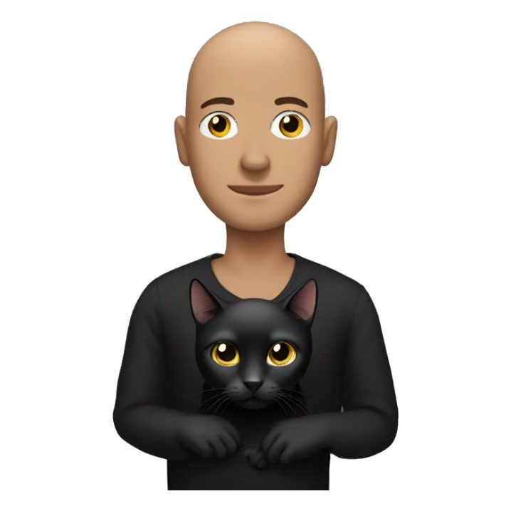 Man with shaven head holding black cat sticker