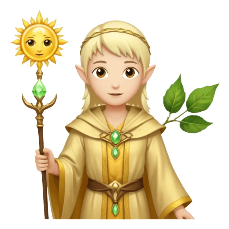 {
      "type": "human",
      "look": "light elf healer, golden robe, staff with leaf and sun",
      "description": "a light elf healer wearing a golden robe and holding a staff with leaf and sun"
    } sticker