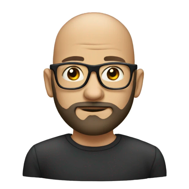 a bald man with a beard and inverted glasses sticker