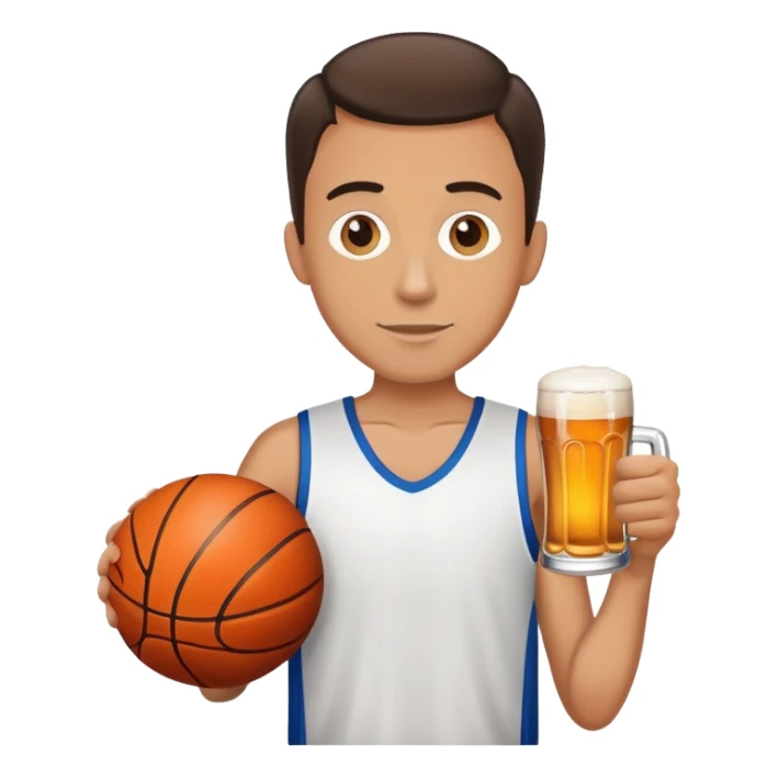 Thin man holding a beer and a basketball sticker