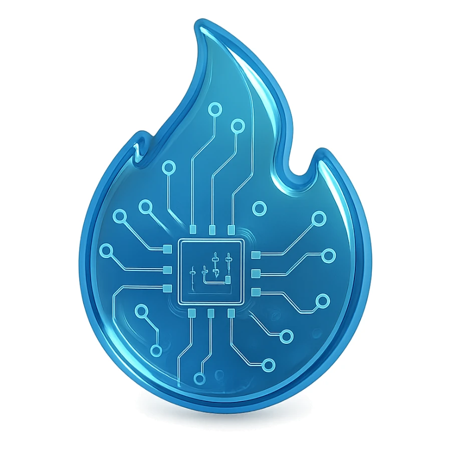 blue flame with metallic circuit patterns, glossy finish sticker