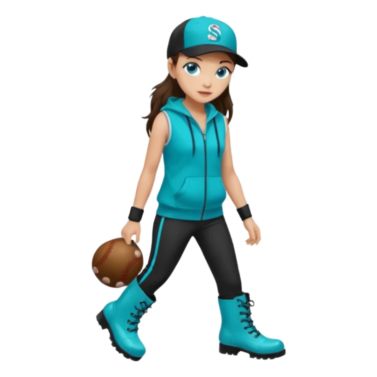 A landscaper in a beautiful turquoise hoody and turquoise rubber boots, black pants, and a black sleeveless shirt. On her head is a black color Swissotel baseball cap. The girl is a brunette with blue eyes. sticker