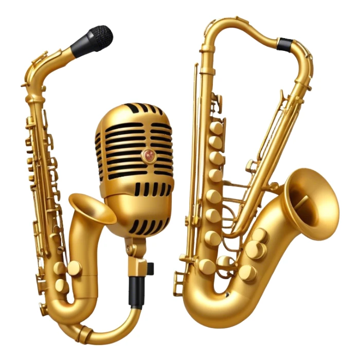 Create an artistic and dynamic emoji representing jazz vocal performance, featuring a vintage microphone as the central focus. Surround the microphone with traditional jazz instruments, such as a saxophone, trumpet, and upright bass, arranged in a harmonious, flowing design. Add musical notes and sound waves emanating from the microphone to symbolize the improvisational and expressive nature of jazz vocals. The instruments should have a polished, classic appearance with metallic gold and silver accents. Use rich colors like deep black, gold, and burgundy to evoke the sophisticated and soulful atmosphere of a jazz club. The background should be transparent. sticker