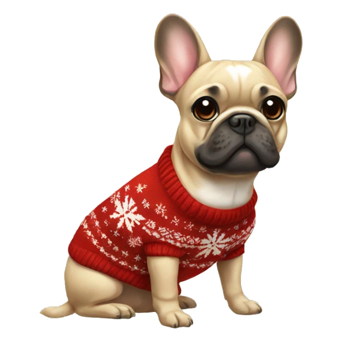 A Frenchie with a Christmas sweater sticker