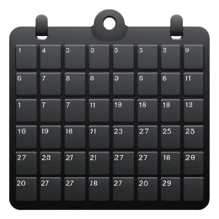 payment schedule — a black matte calendar with evenly spaced date blocks, subtle highlighted payment days, clean geometric shapes, no text or numbers, monochrome black color palette, soft studio lighting, smooth surfaces, modern fintech style sticker