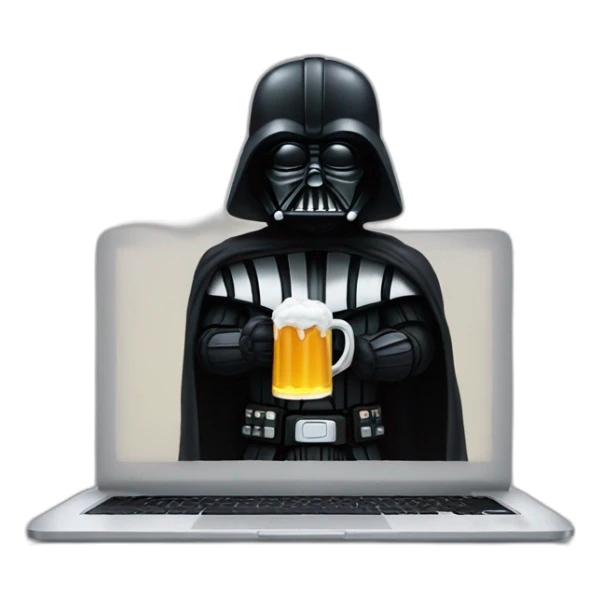 Dark vader holding a beer and a macbook sticker