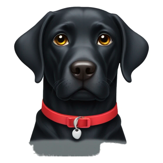 Black Labrador dog wearing red collar sticker