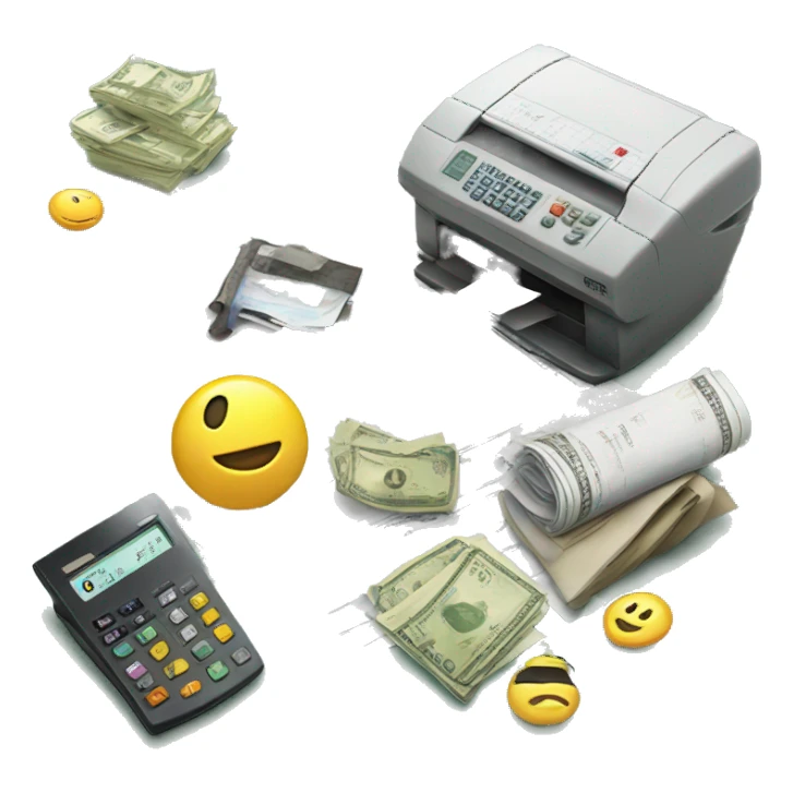 There is money equipment and work papers around sticker