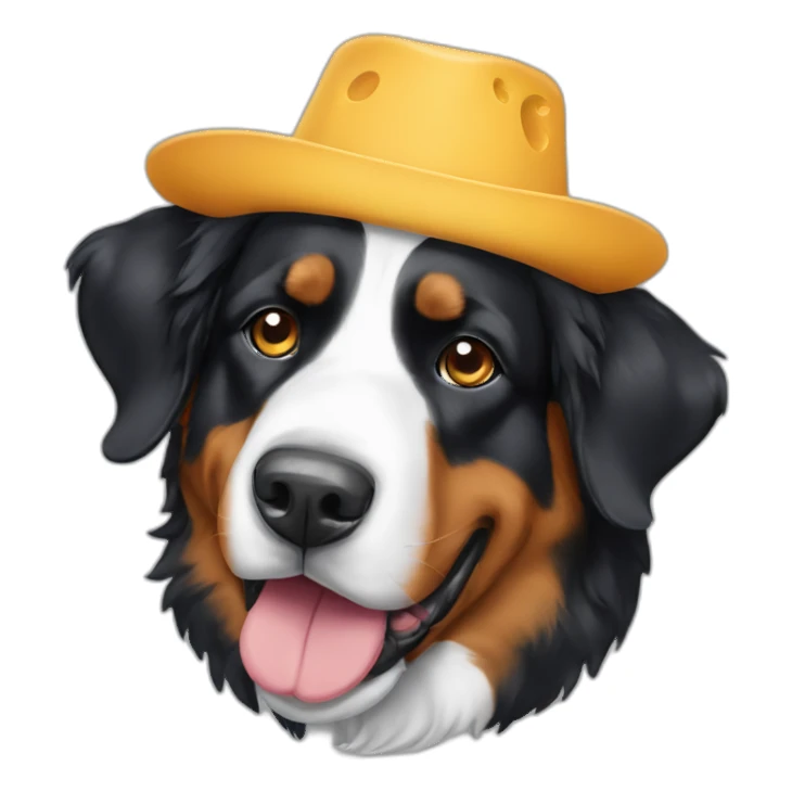 A Bernese mountain dog wearing a cheese head hat sticker
