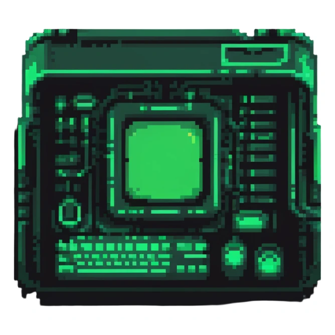 32x32 cyberpunk terminal icon with green code glowing, retro computer style sticker