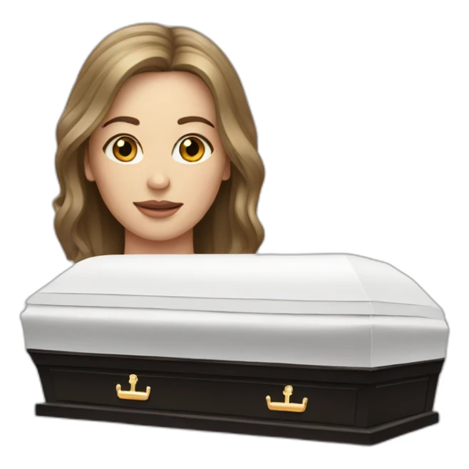 white brunette head next to a coffin sticker