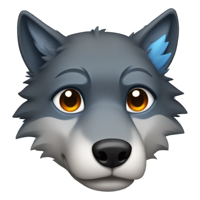 a blacky gray wolf furry head, with right ear orange and other ear blue, right eye blue and other eye orange, sad sticker