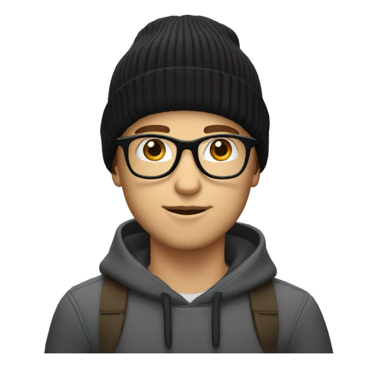 white boy with black reading glasses and a beanie sticker
