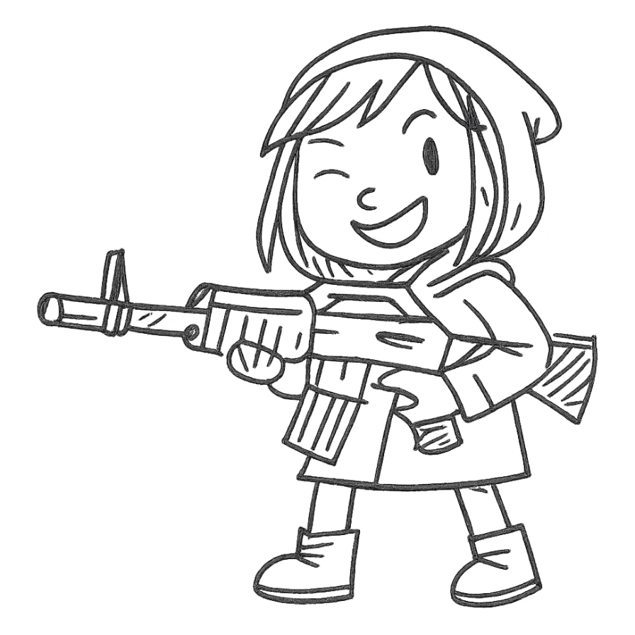 playful stalker girl with a comically large machine gun sticker