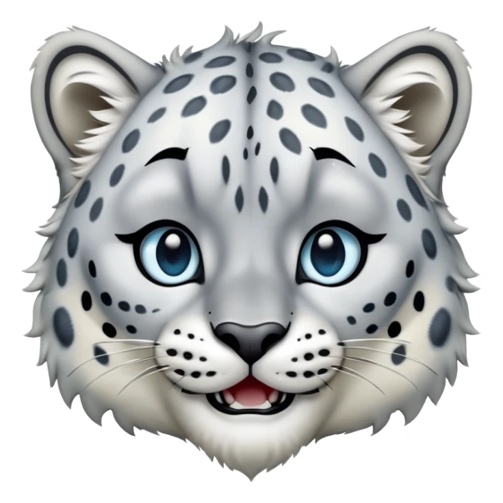 Cinematic-Comical-Snow-Leopard-Portrait-Emoji – Head tilted dramatically with an exaggeratedly amused expression, featuring a thick, spotted white-and-grey coat with a dense ruff around the neck, wide, piercing icy blue eyes filled with playful disbelief. sticker
