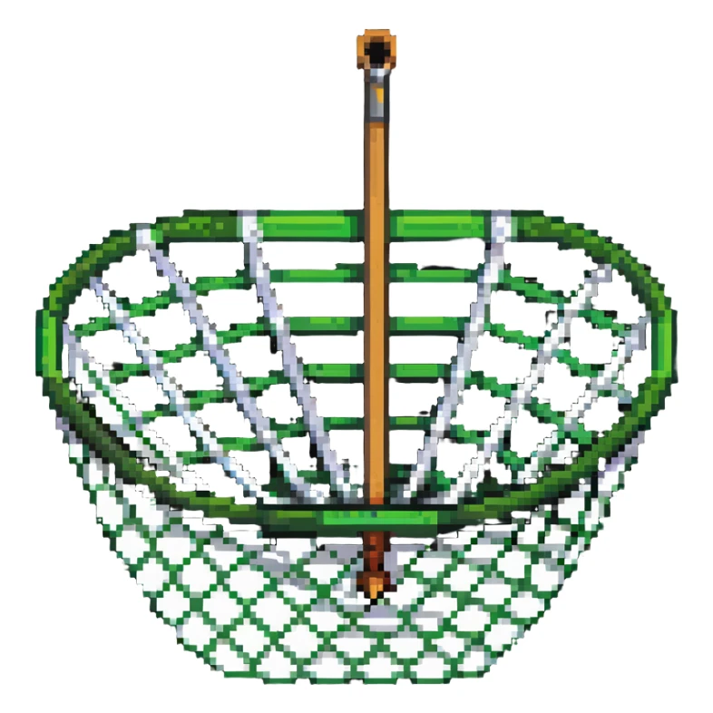 A bug-catching net with a green handle and white mesh net sticker