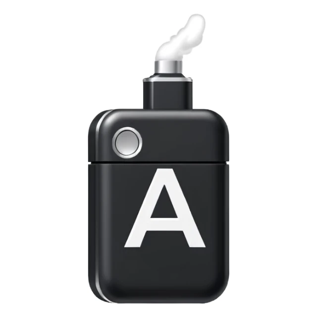 Pixel-art icon, letter [А], designed as mini vape pod. Square canvas, same style as other letters. Black/metallic, flat vector, white outline. sticker