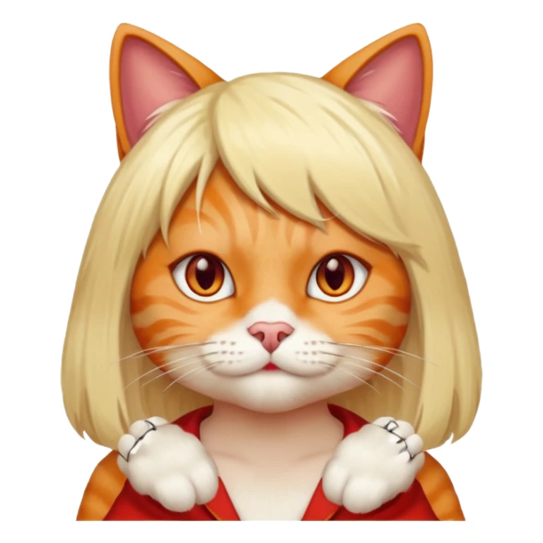A cat with a wig on and red human nails sticker