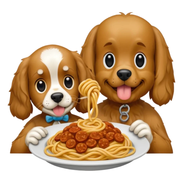 American Cocker Spaniel and Mongrel Eat Spaghetti Between Them, iphone emoji style, reference image: https://attic.sh/7pfc4fbn6y0ij1bao69rntq1w5mv sticker
