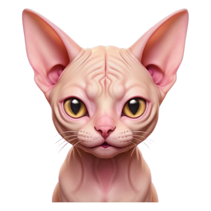 Cinematic Comical Sphynx Cat Portrait Emoji, Head tilted dramatically with an exaggeratedly shocked or offended expression, smooth, wrinkled skin in warm peach and pink hues, large bat-like ears perked up, piercing eyes widened in disbelief, Simplified yet hilariously expressive features, highly detailed, glowing with a slightly sassy glow, high shine, dramatic yet playful, stylized with an air of attitude, bright and endearing, soft glowing outline, capturing the essence of a sassy and over-the-top feline, so meme-worthy it feels like it could side-eye its way into internet fame instantly! sticker