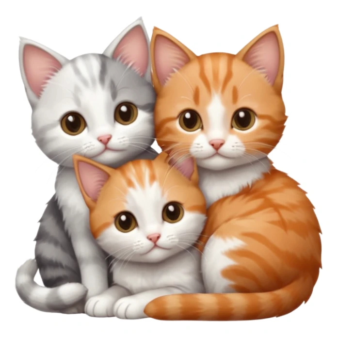 3 tiny kittens cuddling together all different colours, the first one is grey and white, the second is ginger and white and the third is brown tabby and white sticker