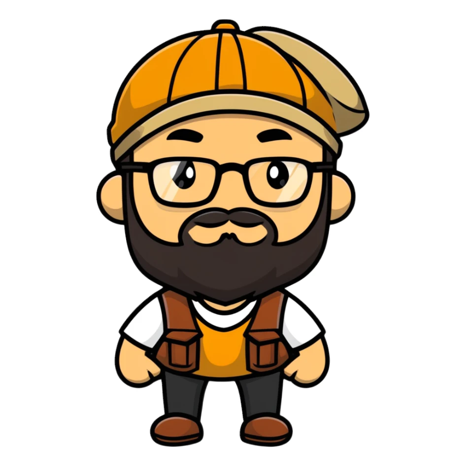 Adventurer with glasses, a beard and tan colored cap sticker