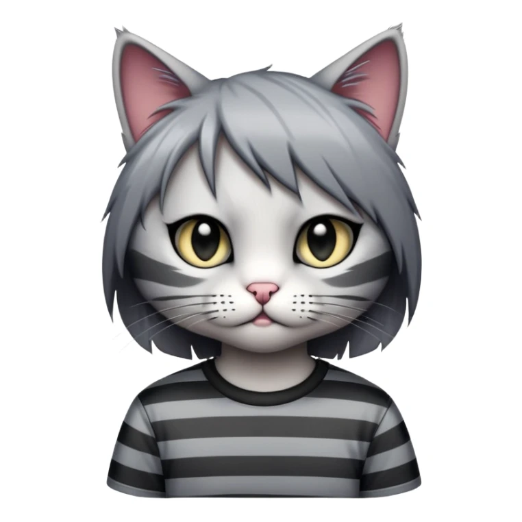 emo kitty with side-swept bangs, striped shirt, moody pose sticker