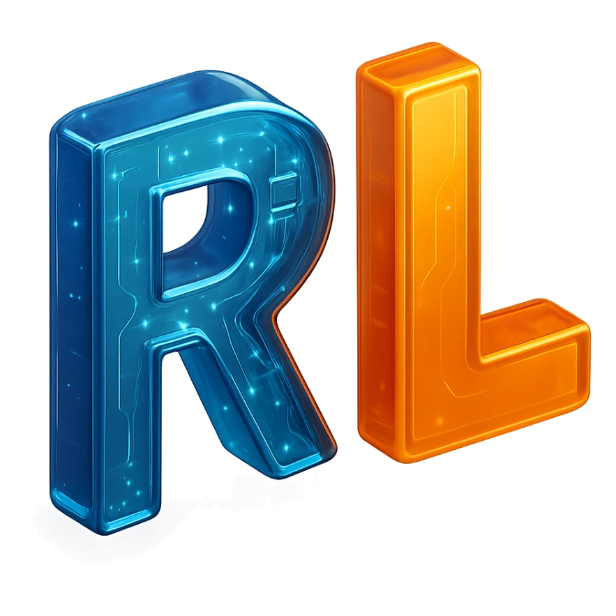 Add a tech-inspired icon such as a circuit, microchip, or digital element to the modern 'RL' logo. Keep the design minimalistic and professional with clean lines and a subtle metallic or gradient finish. Maintain the transparent background. sticker