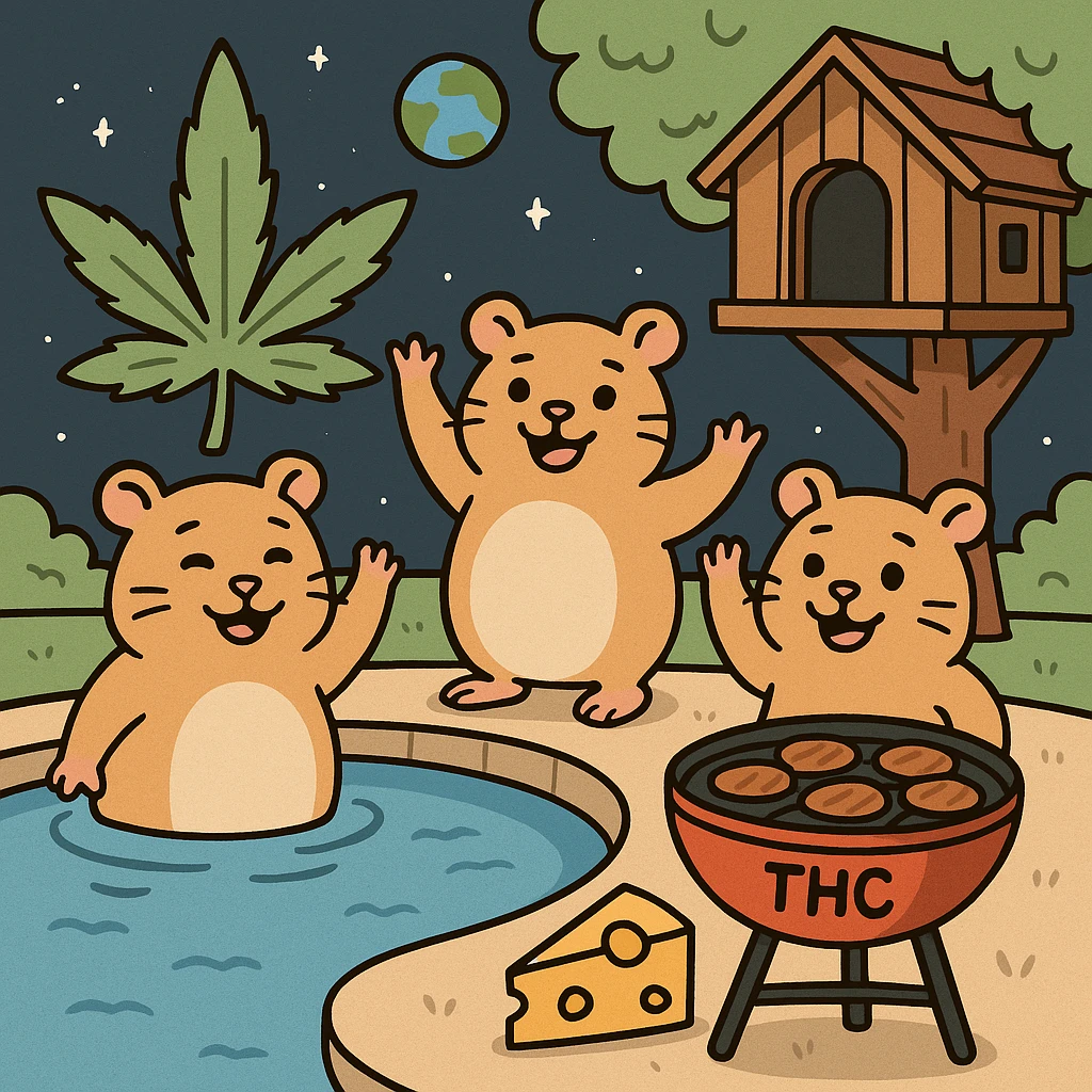 Discord server icon, 512x512 px, square format, summer pool cookout scene with up to 3 hamsters waving and smiling, weed leaf, cheese, and THC theme, near a treehouse, in space. Flat toon style, soft but colorful, bold outlines, nostalgic, fun, inviting, summer party vibe, clear composition, less vibrant colors, crisp details, designed to look good even at tiny size. emoji