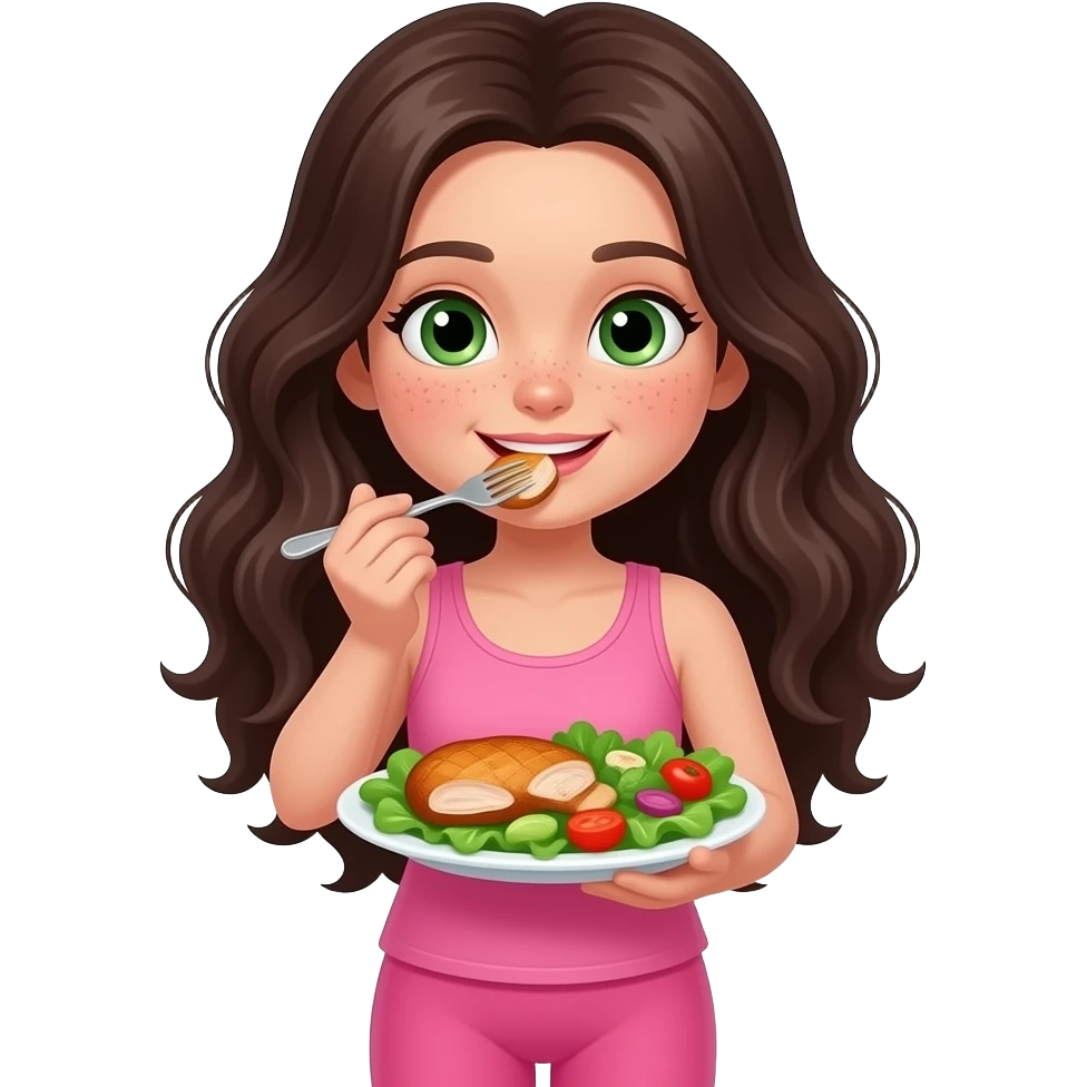 young girl in the style of iphone emoji people, fair skin, green eyes, freckles,long dark brown wavy hair, pink tank top and pink leggings, eats healthy food, chicken steak and salad emoji
