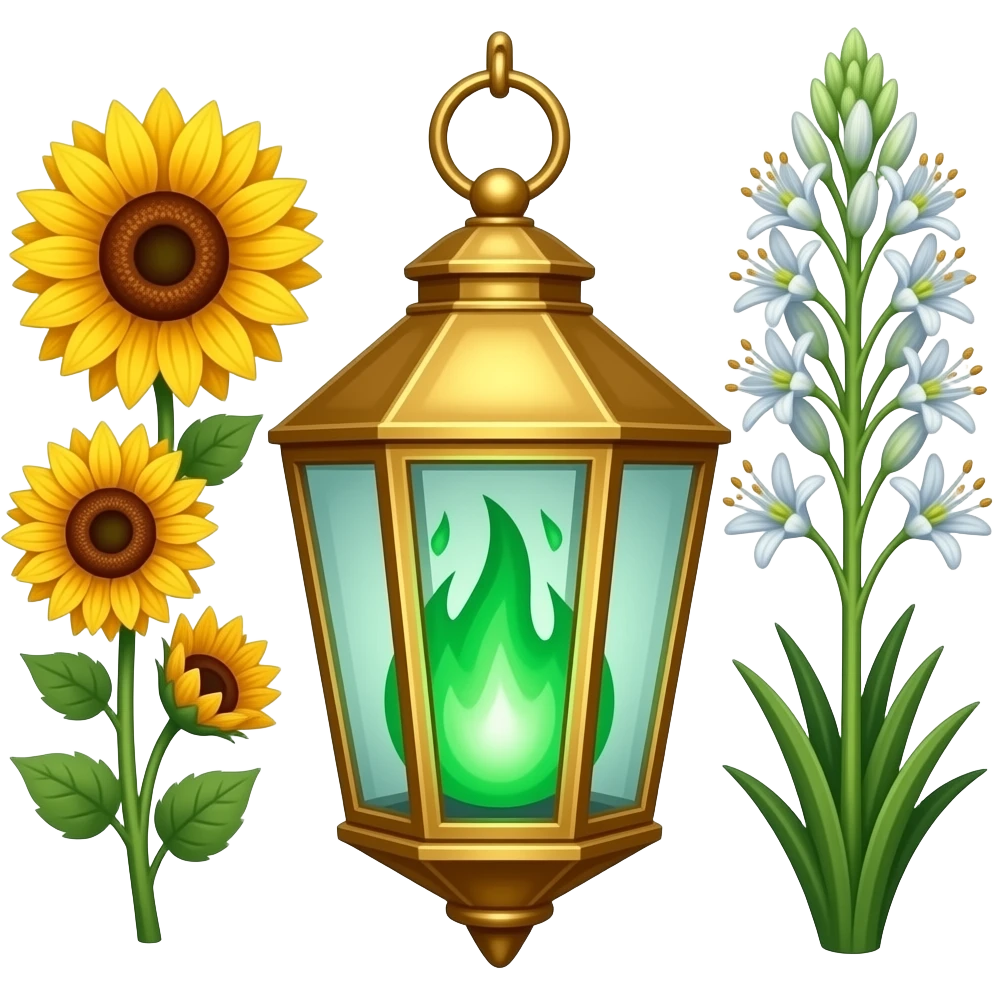 A golden hanging lantern with a bright emerald flames, an empty loop on top, fae themed sunflowers on the left and fully bloomed asphodels on the right as part of the design, but simple focus more on the green flames, paint the glass more green, have its bottom point come to some sort of point emoji